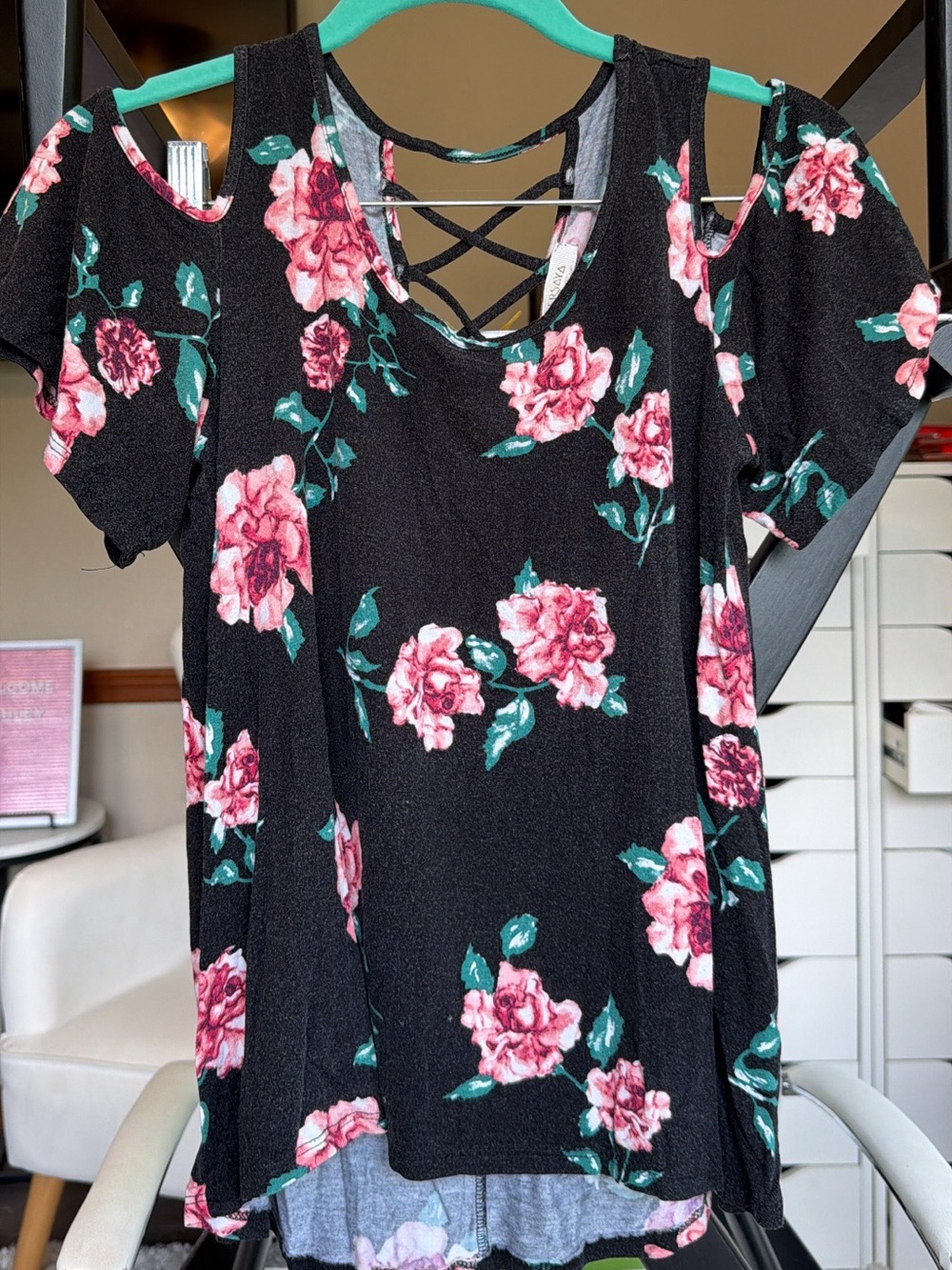 Persaya black floral cold shoulder top